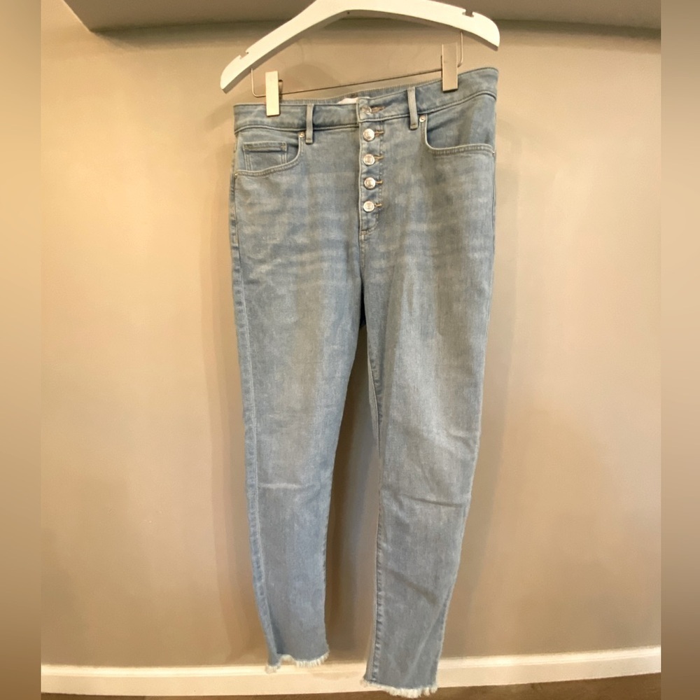 Loft curvy skinny button fly light denim , fringe bottom